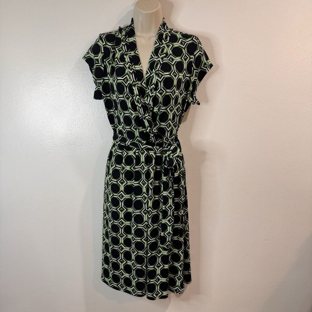 Liz Claiborne Shirt Dress L Wrap V-neck Belted Stretch Blue Green Geometric